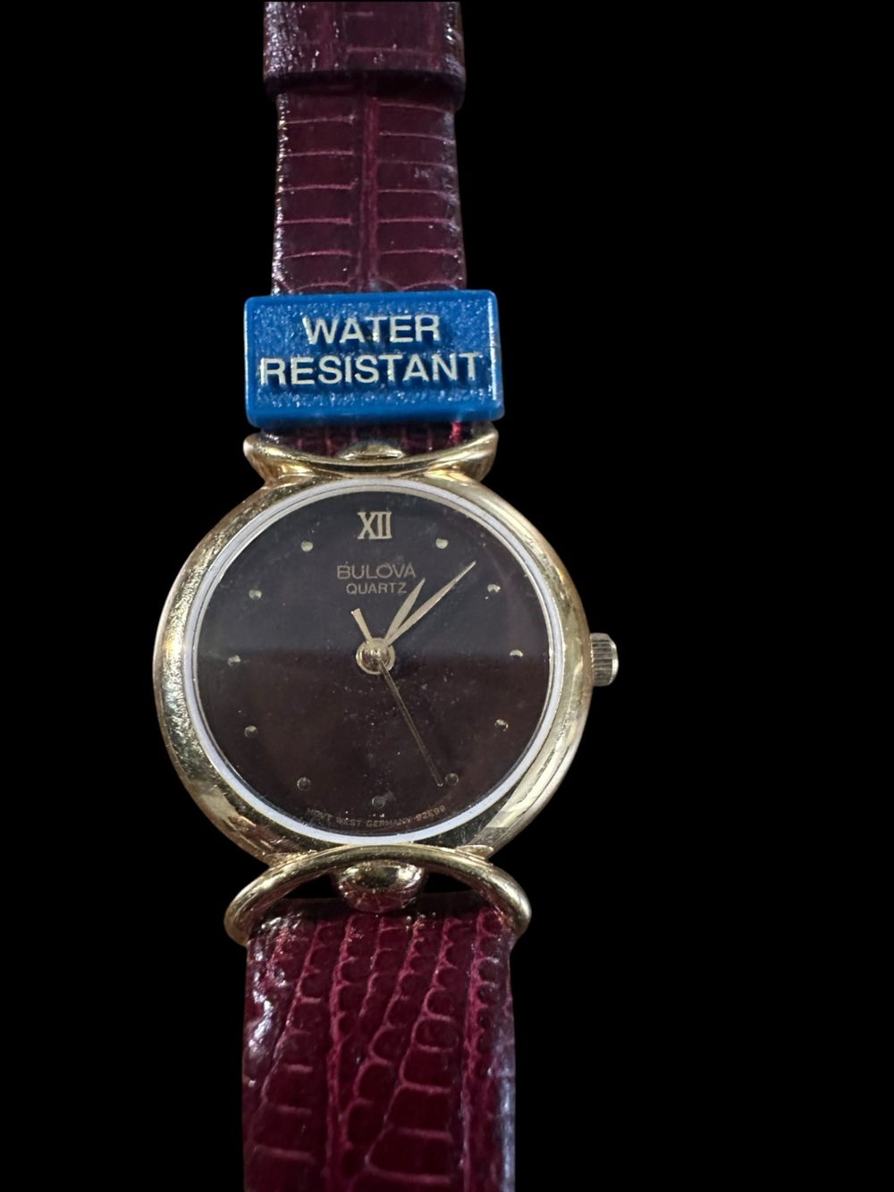 Bulova Quartz Women's Gold Tone Watch – Black Dial, Burgundy Leather Strap